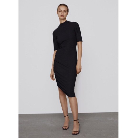 Zara Black Midi Dress Short Sleeve Side Ruched Ribbed Mock Neck Small - Picture 1 of 9